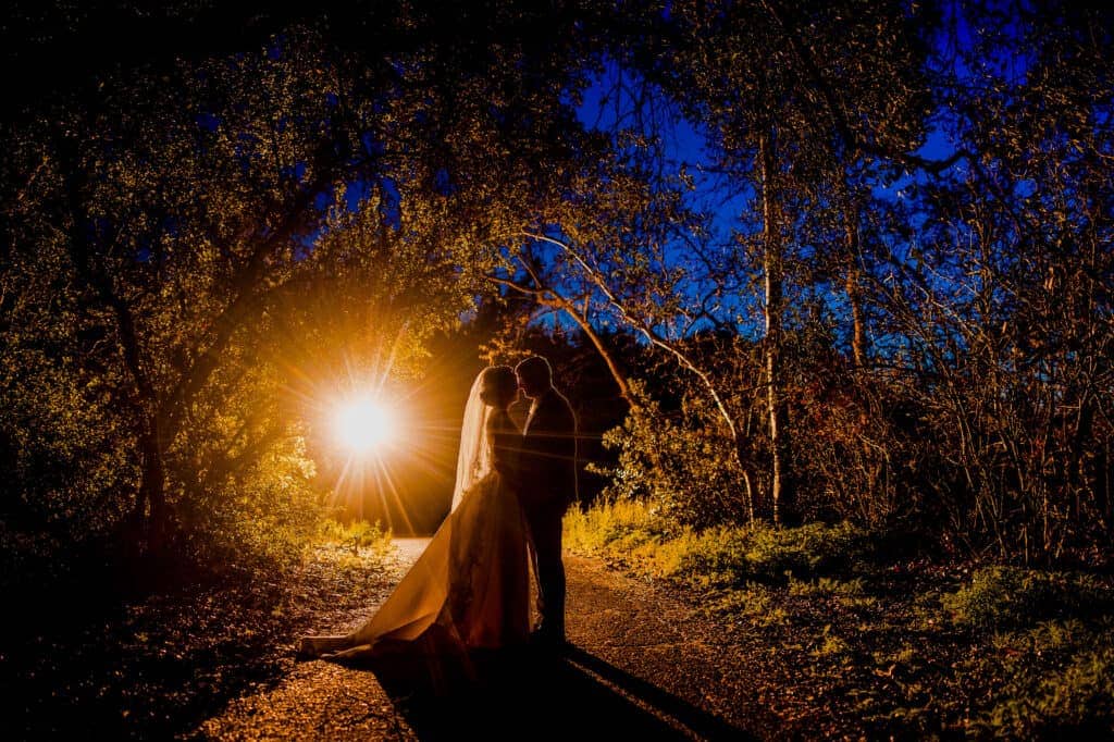 A bride and groom silhouette at California Botanic Garden in Claremont, CA